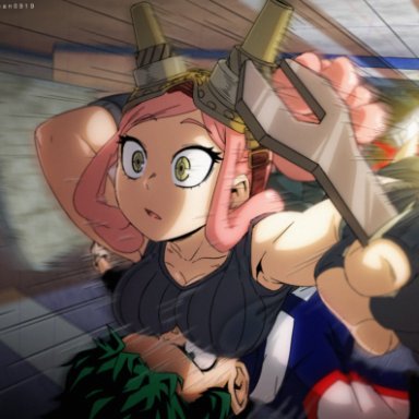 my hero academia, izuku midoriya, mei hatsume, artist request, 1boy, 1girls, breast smother, breasts, breasts on face, busty, explosion, funny, gloves, green eyes, green hair