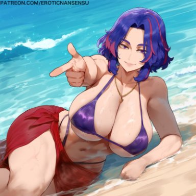 my hero academia, lady nagant, erotic nansensu, beach, curvy, multicolored hair, necklace, overflowing breasts, sarong, thick thighs, wet, ai generated