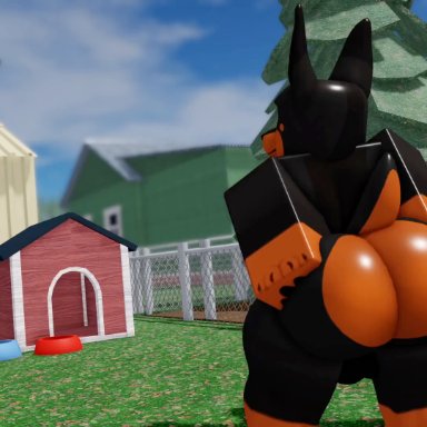 roblox, robloxian, willie piv, 1boy, anthro, ass, balls, big butt, brown body, brown fur, building, canid, canine, canis, dobermann