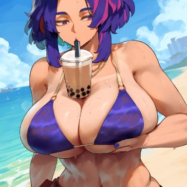 my hero academia, lady nagant, erotic nansensu, beach, big breasts, bikini, breast support, curvy, drinking, hourglass figure, multicolored hair, necklace, overflowing breasts, sarong, tight fit