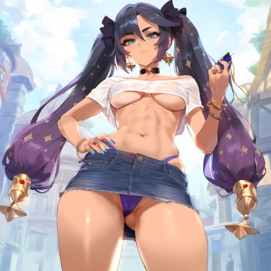 genshin impact, mona (genshin impact), waifulover, 1girls, bangs, bare shoulders, black choker, black hair, blue eyes, blue nails, blue sky, bow, bracelet, breasts, cameltoe