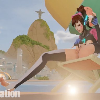 blizzard entertainment, overwatch, overwatch 2, d.va, punianimation, 1girls, anus, asian, asian female, ass, ball, barefoot, beach, beach ball, beach chair