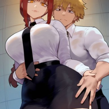 chainsaw man, denji (chainsaw man), makima (chainsaw man), erotic nansensu, big breasts, caress, caressing, curvy, hand on thigh, huge breasts, miniskirt, office clothing, office lady, orange eyes, red hair