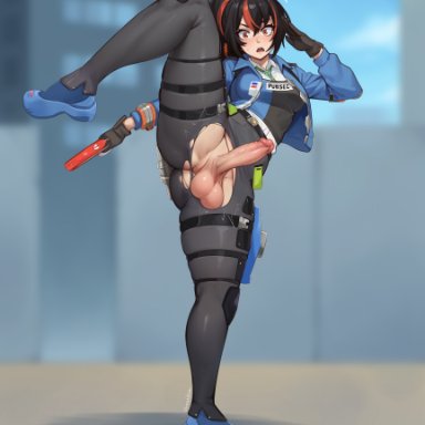 hoyoverse, mihoyo, zenless zone zero, zhu yuan, artist request, 1futa, action pose, anus, ass, asshole, big ass, big butt, blush, cop, fat ass