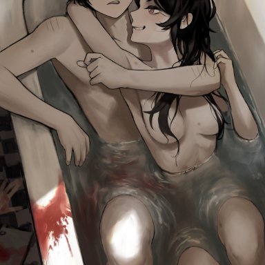 the coffin of andy and leyley, andrew graves, ashley graves, 1boy, 1girls, armpits, bath, bathing, bathroom, bathtub, black hair, blood, breasts, brother and sister, cuddling