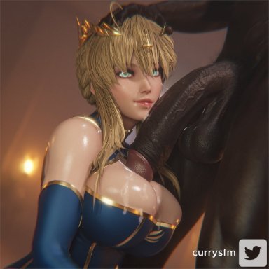 fate (series), fate/grand order, artoria pendragon, artoria pendragon (lancer), currysfm, 1boy, 1boy1girl, 1girls, big balls, big breasts, big penis, blue eyes, cum on breasts, dark-skinned male, huge cock