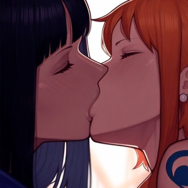 one piece, nami, nico robin, konoai, 2girls, black hair, close-up, closed eyes, female, female only, french kiss, kissing, orange hair, passionate kiss, yuri