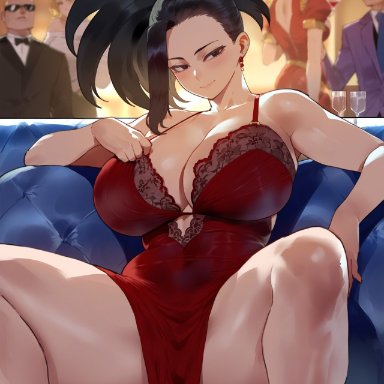 my hero academia, momo yaoyorozu, erotic nansensu, bedroom eyes, big breasts, earrings, panties, seducing, seductive, spread legs, thick thighs, ai assisted, ai generated