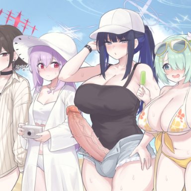 arius squad (blue archive), blue archive, atsuko (blue archive), atsuko (swimsuit) (blue archive), hiyori (blue archive), hiyori (swimsuit) (blue archive), misaki (blue archive), saori (blue archive), saori (swimsuit) (blue archive), minishell, 1futa, 3girls, aqua hair, bangs, baseball cap