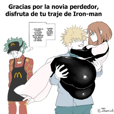 mcdonald's, my hero academia, izuku midoriya, katsuki bakugou, ochako uraraka, itamicake, 1girls, 2boys, ass, big ass, blonde hair, brown hair, carrying, crying, cuck