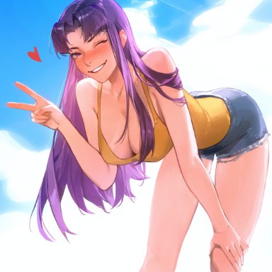 neon genesis evangelion, misato katsuragi, limart, 1girls, big breasts, blush, cleavage, cute, female, female only, heart, light-skinned female, peace sign, purple hair, smile