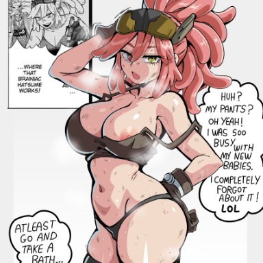 my hero academia, hatsume mei, mei hatsume, lewdamone, 1girls, big breasts, female, female focus, female only, large breasts, pink hair, sweat, sweatdrop, sweaty body, yellow eyes