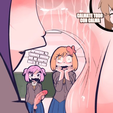 doki doki literature club, yuri (doki doki literature club), vi wesker, 2futas, 2girls, angry face, balls, big balls, big penis, blowjob, breasts, brown hair, clothed, clothing, erection