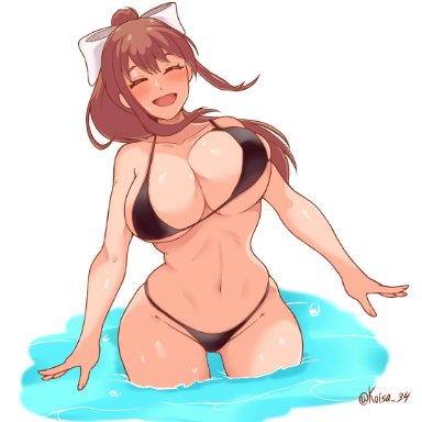 doki doki literature club, koisa 34, 1girls, belly button, big breasts, bikini, blush, bouncing breasts, breasts, closed eyes, eyes closed, female, female only, hair bow, hourglass figure