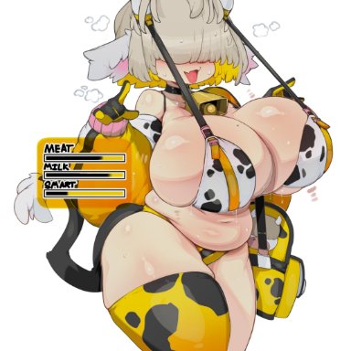 goddess of victory: nikke, elegg (nikke), slugbox, 1girls, belly, big breasts, bikini, blonde hair, breasts, bursting breasts, chubby, cow bell, cow ears, cow girl, cow print