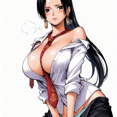 one piece, boa hancock, yashin, alluring, almost naked, almost nude, big boobs, big breasts, black eyes, black hair, black legwear, blush, boobs, breasts, breasts visible through clothing