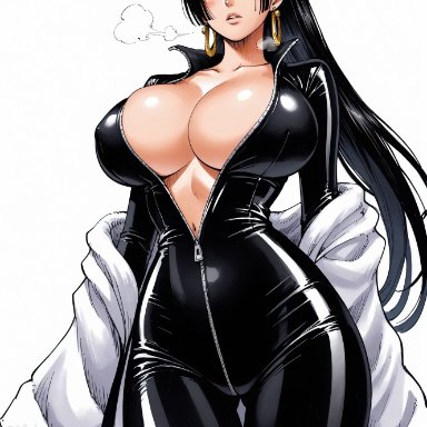 one piece, boa hancock, yashin, alluring, big breasts, black bodysuit, black eyes, black hair, blush, bodysuit, breasts, cameltoe, earring, earrings, female