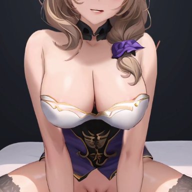 genshin impact, lisa (genshin impact), ohmywaifu, 1boy, 1girls, brown hair, climax, climax female, climax reached, climaxing, clothed, clothed female, clothed sex, clothing, cowgirl