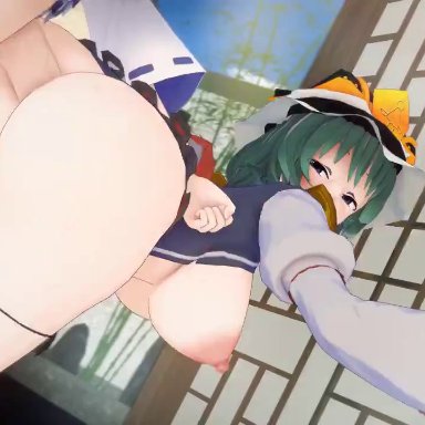 touhou, eiki shiki, sanae kochiya, touhou weird storage, 1futa, 1girls, against wall, anal, anal sex, areolae, blue eyes, breasts, closing eyes, clothed, clothed sex