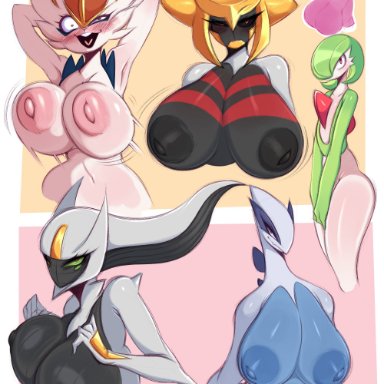 nintendo, pokemon, arceus, cinderace, female cinderace, gardevoir, giratina, lugia, saltyxodium, 5girls, big breasts, blush, bouncing breasts, breasts, breasts out