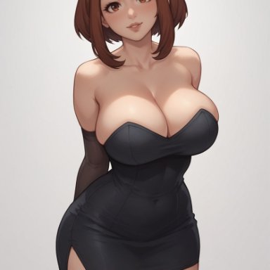 boku no hero academia, my hero academia, ochako uraraka, iknowkungfu42, 1girls, alternate costume, auburn hair, bare shoulders, big breasts, black clothing, black dress, blush, breasts, brown eyes, cleavage