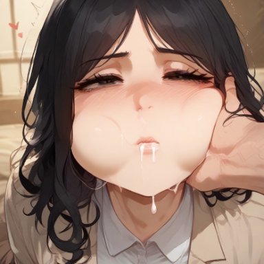 attack on titan, shingeki no kyojin, pieck finger, black hair, brown skirt, cheek bulge, cum, grey eyes, jacket, light-skinned male, long hair, mouthful, pale-skinned female, red armband, white shirt