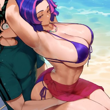 my hero academia, izuku midoriya, lady nagant, erotic nansensu, armpits, arms up, beach, big breasts, bikini, caress, curvy, hand on another's thigh, hand under clothes, multicolored hair, older female