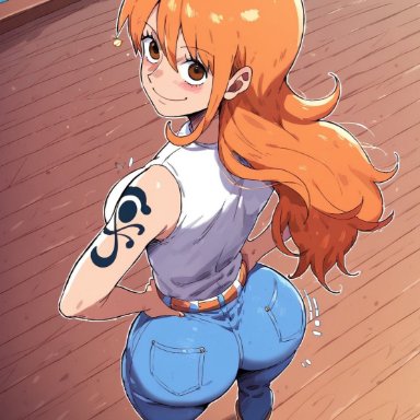 one piece, nami, repartz, big ass, big breasts, brown eyes, bubble butt, cute face, female, female only, jeans, jiggle, long hair, looking at viewer, orange hair