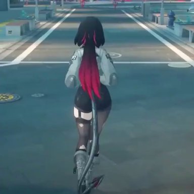 zenless zone zero, jane doe (zenless zone zero), animal ears, ass, ass focus, ass shake, asymmetrical legwear, black garter straps, black hair, black pantyhose, black thighhighs, boots, bouncing ass, crop top, cropped jacket