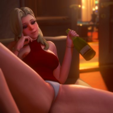 overwatch, mercy, rwt4184, alcohol, blonde hair, blush, bottle, dress, dress lift, drunk, female, nipple slip, no bra, panties, 3d