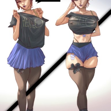 riot games, valorant, clove (valorant), zergbrush, alternate breast size, blue eyes, butterfly, butterfly tattoo, chocker, collar, freckles, nipples visible through clothing, no bra, purple lipstick, skirt