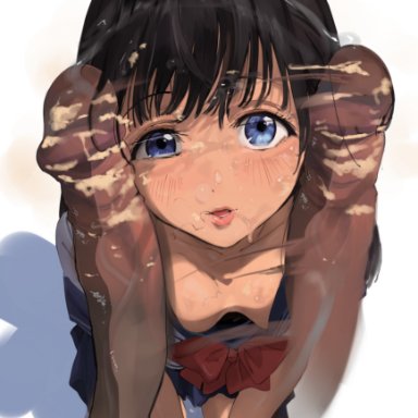 akebi-chan no serafuku, akebi komichi, mamimi (artist), 1boy, afterimage, black hair, blue eyes, blue sailor collar, blue skirt, bow, breasts, dark skin, dark-skinned male, downblouse, erection