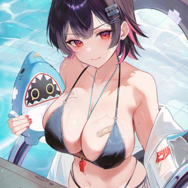 zenless zone zero, bangboo (zenless zone zero), ellen joe, jaduade, bikini, black hair, blue bikini, breasts, colored inner hair, female, large breasts, looking at viewer, multicolored hair, pool, red eyes