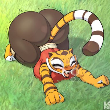 kung fu panda, master tigress, lollipopcon, 1girls, anthro, ass, big ass, breasts, bubble butt, clothing, dat ass, fat ass, female, female only, grass