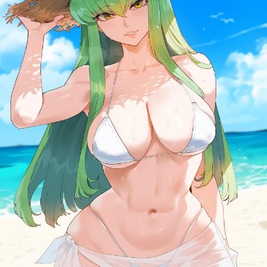 code geass, c.c., creamy ai, beach, bikini, cleavage, curvy, green hair, large breasts, long hair, narrow waist, navel, sarong, see-through, straw hat