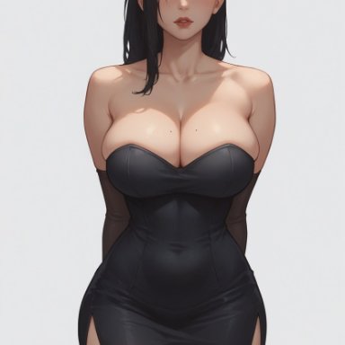 boku no hero academia, my hero academia, momo yaoyorozu, iknowkungfu42, 1girls, alternate costume, alternate hairstyle, bare shoulders, big breasts, black clothing, black dress, black hair, blush, breasts, brown eyes