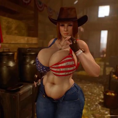 dead or alive, tina armstrong, urbanator, 1girls, big breasts, bikini, blonde hair, blue eyes, breasts, breasts bigger than head, cowboy hat, female, huge breasts, jeans, lactating