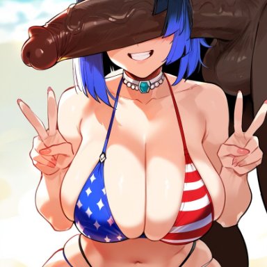 genshin impact, yelan (genshin impact), 1boy, 1girls, american flag bikini, ballsack, big breasts, big penis, bikini, breasts, dark-skinned male, female, genitals, grin, interracial