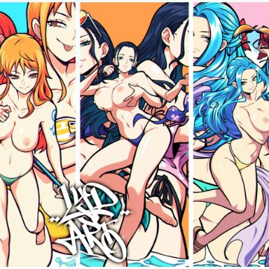 one piece, nami, nami (one piece), nefertari vivi, nico robin, lydart mclo, 3girls, big breasts, bikini, bikini bottom, blue hair, breast grab, breast squeeze, breasts, breasts out