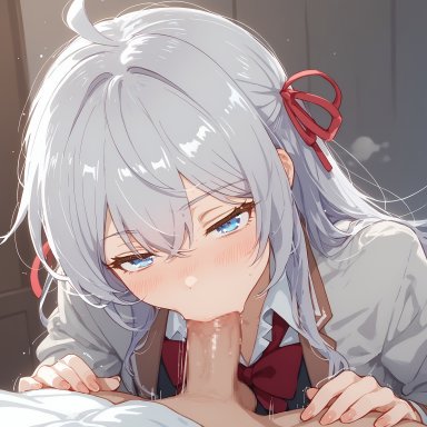 alisa mikhailovna kujou, kuze masachika, 1boy, 1girls, blowjob, blowjob face, blue eyes, blush, clothed female, fellatio, female, indoors, kneeling oral position, long hair, looking at viewer