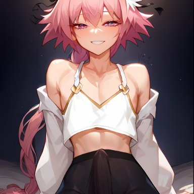 fate (series), astolfo (fate), viviai, 1boy, 1male, bangs, big penis, black legwear, braid, braided hair, braided ponytail, crop top, crossdressing, erect penis, erection