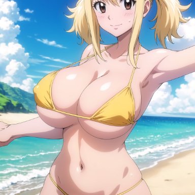 fairy tail, lucy heartfilia, arisato yu, 1girls, beach, big breasts, bikini, blonde hair, female, female only, thick thighs, yellow bikini, ai generated