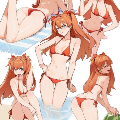 neon genesis evangelion, asuka langley sohryu, dnaitari, 1girls, ass, bikini, bikini top, bikini top undone, blue eyes, blush, bottomwear, breasts, cleavage, drink, feet