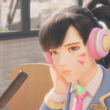 blizzard entertainment, overwatch, academy d.va, d.va, lvl3toaster, volkor, 1boy, 1girls, alternate costume, angry, arm rest, asian, asian female, blowjob, brown eyes