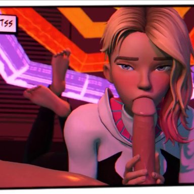 marvel, spider-man (series), gwen stacy, spider-gwen, delightss, 1boy, 1girls, big penis, blonde female, blonde hair, blowjob, blowjob face, blue eyes, cock worship, eyebrow piercing