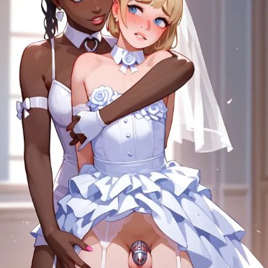 chastity cage, embarrassed, femboy, hugging from behind, interracial, sissy, wedding lingerie, 2d, ai generated