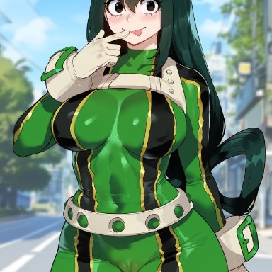 boku no hero academia, my hero academia, tsuyu asui, creamy ai, black eyes, bodysuit, curvy, dark green hair, frog girl, green bodysuit, green hair, large breasts, narrow waist, superhero costume, thick thighs