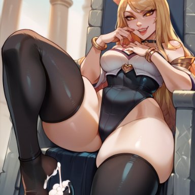 k/da series, league of legends, ahri, k/da ahri, brinkai, 1girls, black legwear, blonde hair, bracelet, breasts, choker, cum, cum on feet, cum on shoes, dominant female