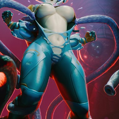 overwatch, overwatch 2, juno (overwatch), fugtrup, alien, blue bodysuit, bodysuit, bound, bound ankles, bound arms, breasts, female, helmet, large breasts, monster