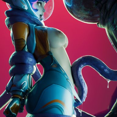 overwatch, overwatch 2, juno (overwatch), fugtrup, alien, blue bodysuit, bodysuit, bound, bound arms, bound legs, breasts, female, helmet, large breasts, monster